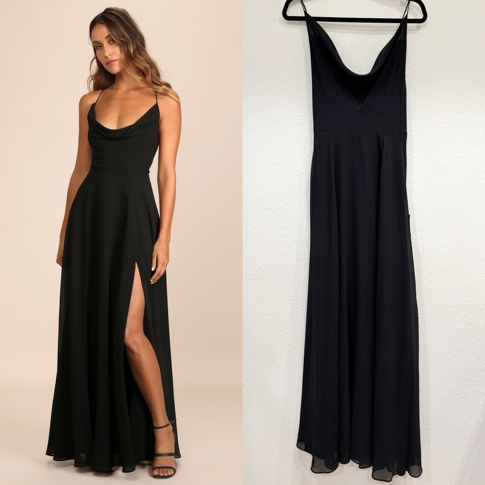 NWT Lulus Romantically Speaking Black Cowl Lace-Up Maxi Dress